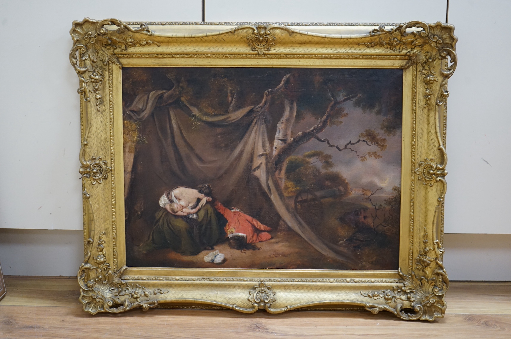 After Joseph Wright of Derby (1734-1797), oil on canvas, 'The dead soldier', unsigned, 42 x 57cm, ornate gilt framed. Condition - fair, some repairs to the canvas